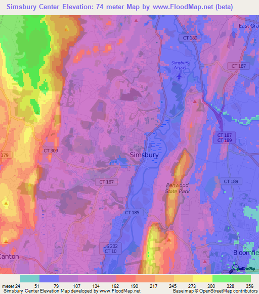 Elevation of Simsbury Center,US Elevation Map, Topography, Contour