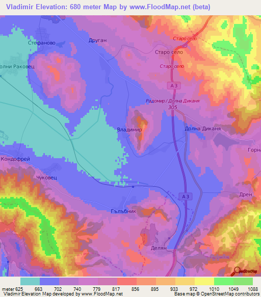 Vladimir,Bulgaria Elevation Map