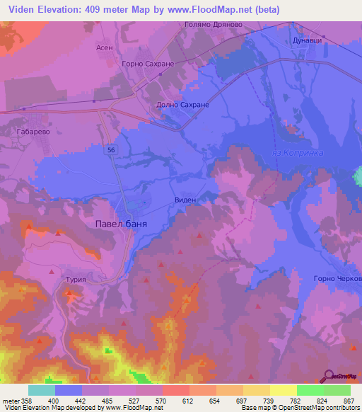 Viden,Bulgaria Elevation Map