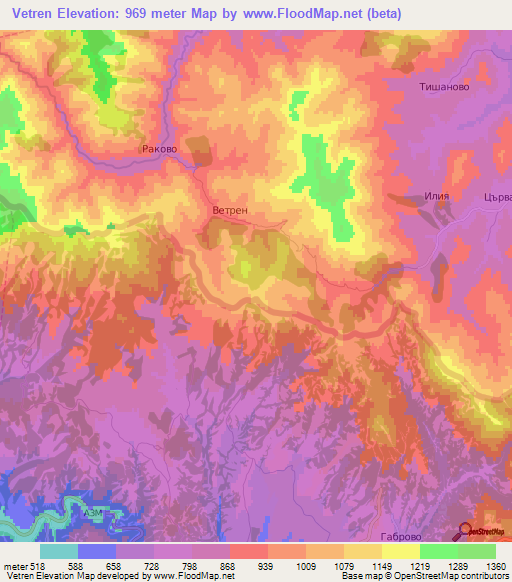 Vetren,Bulgaria Elevation Map