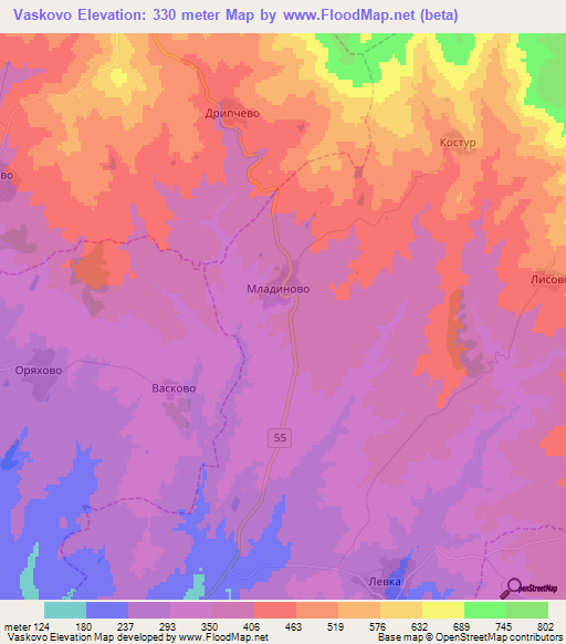 Vaskovo,Bulgaria Elevation Map