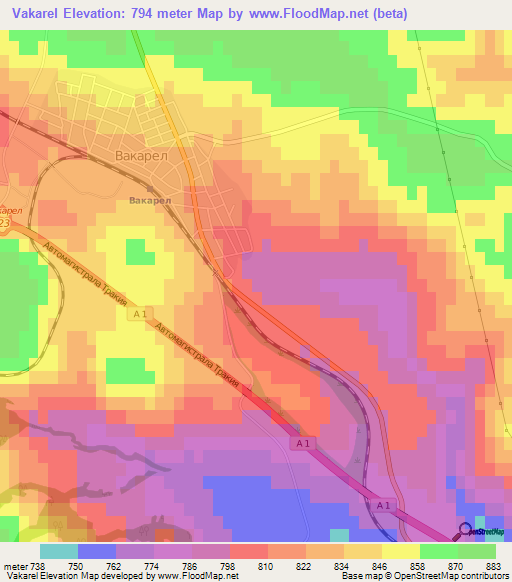 Vakarel,Bulgaria Elevation Map
