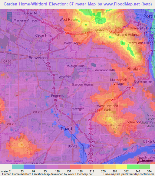 Garden Home-Whitford,US Elevation Map