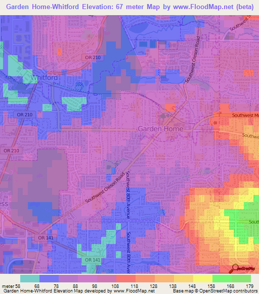 Garden Home-Whitford,US Elevation Map