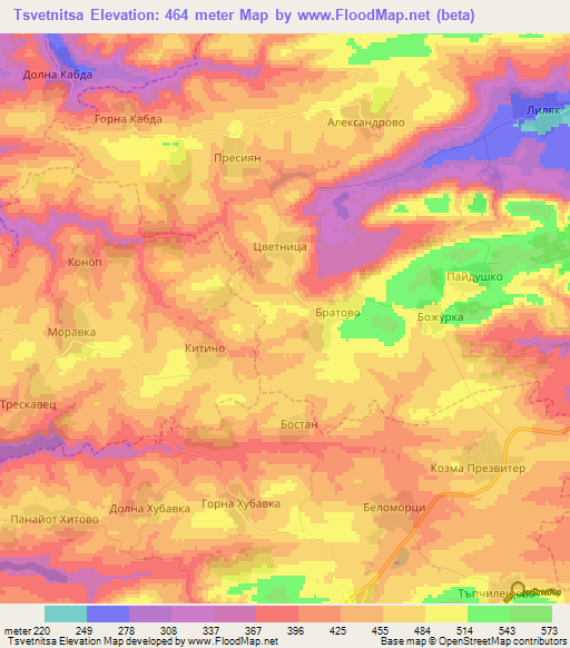 Tsvetnitsa,Bulgaria Elevation Map