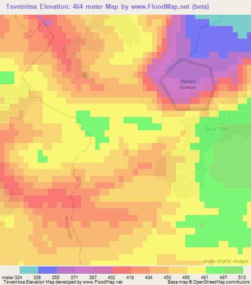 Tsvetnitsa,Bulgaria Elevation Map