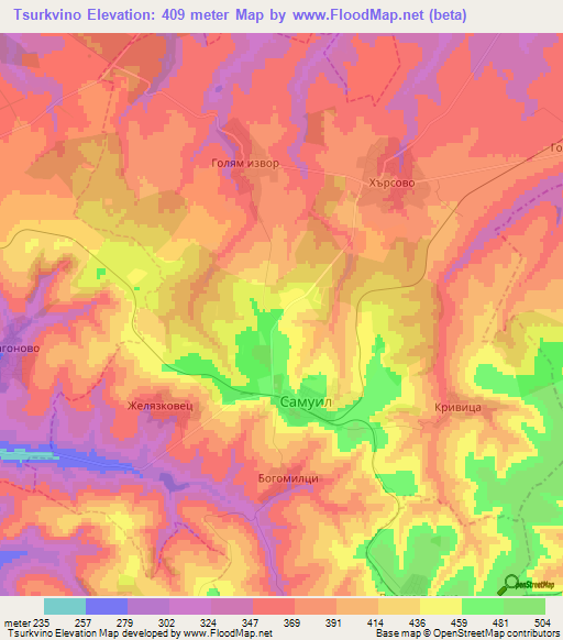 Tsurkvino,Bulgaria Elevation Map