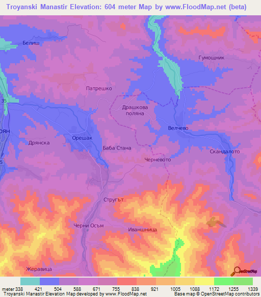 Troyanski Manastir,Bulgaria Elevation Map