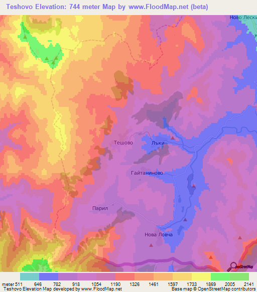 Teshovo,Bulgaria Elevation Map