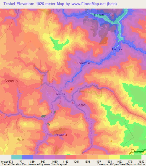 Teshel,Bulgaria Elevation Map
