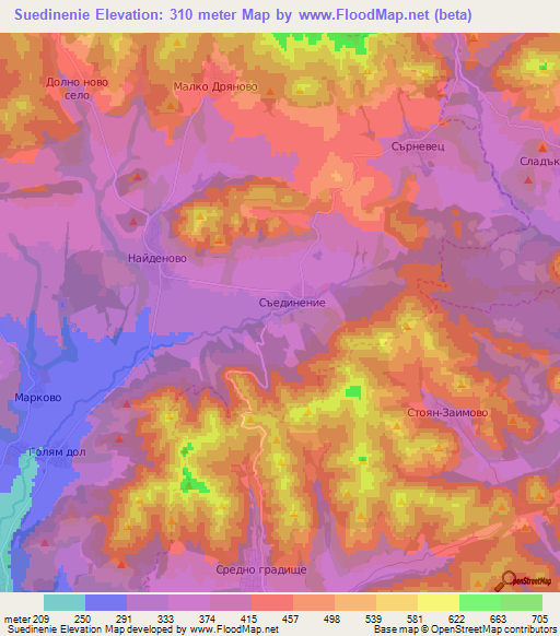 Suedinenie,Bulgaria Elevation Map