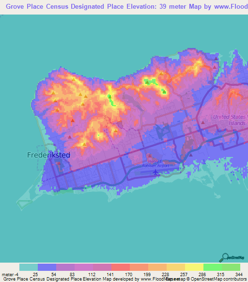 Census Designated Place Map Elevation Of Grove Place Census Designated Place,U.s. Virgin Islands  Elevation Map, Topography, Contour