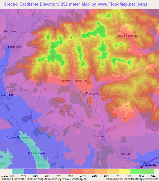 Sredno Gradishte,Bulgaria Elevation Map