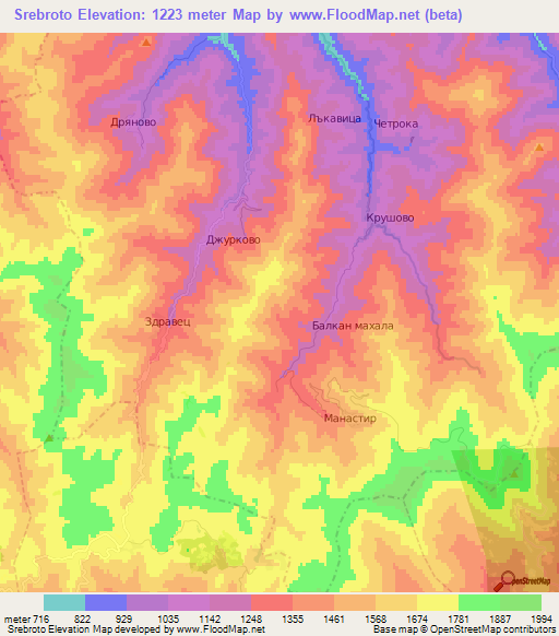 Srebroto,Bulgaria Elevation Map