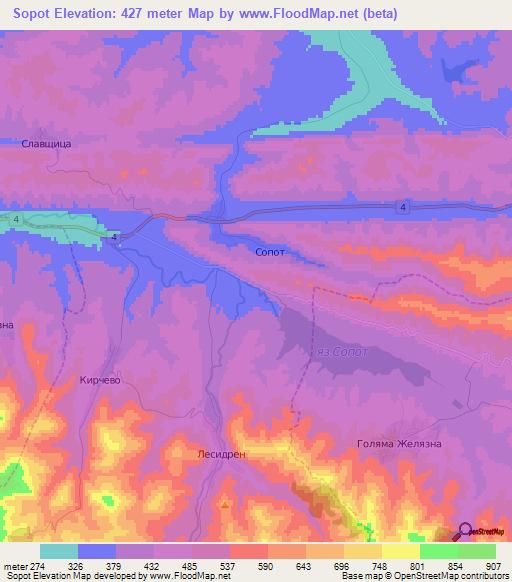 Sopot,Bulgaria Elevation Map