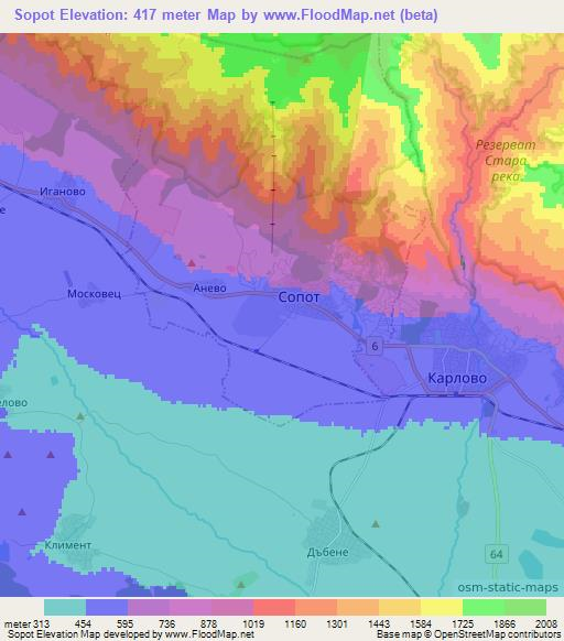 Sopot,Bulgaria Elevation Map