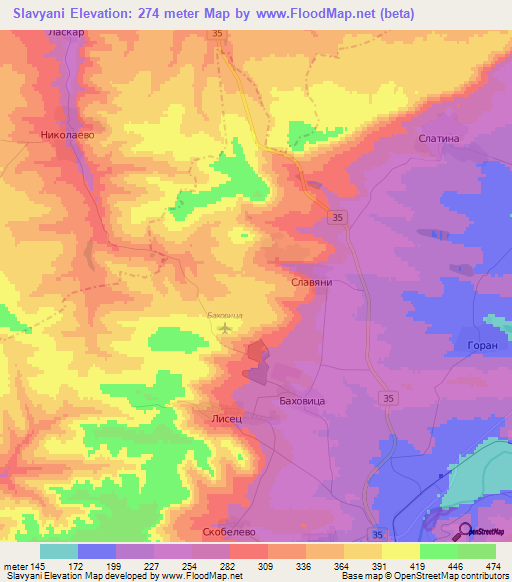 Slavyani,Bulgaria Elevation Map