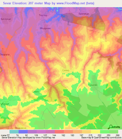 Sevar,Bulgaria Elevation Map