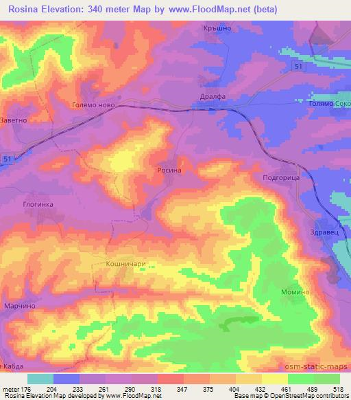 Rosina,Bulgaria Elevation Map