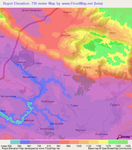 Ropot,Bulgaria Elevation Map