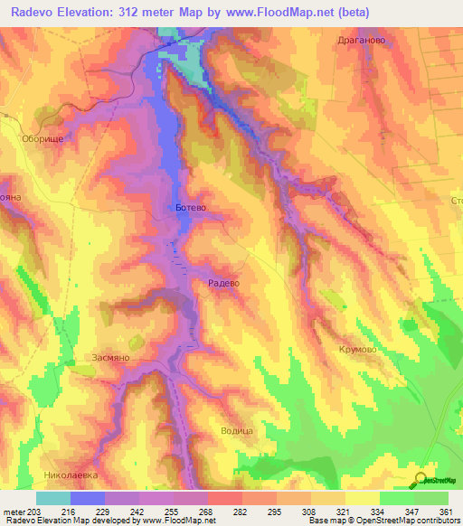 Radevo,Bulgaria Elevation Map