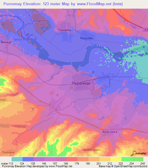 Purvomay,Bulgaria Elevation Map