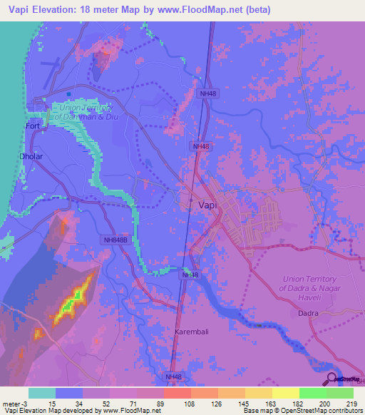Vapi,India Elevation Map