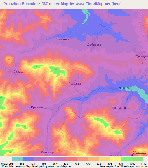 Prauzhda,Bulgaria Elevation Map