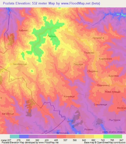 Pozlata,Bulgaria Elevation Map
