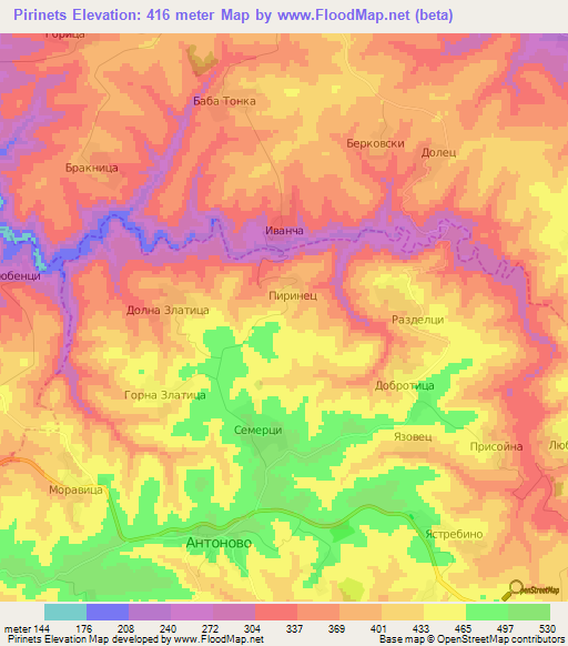 Pirinets,Bulgaria Elevation Map