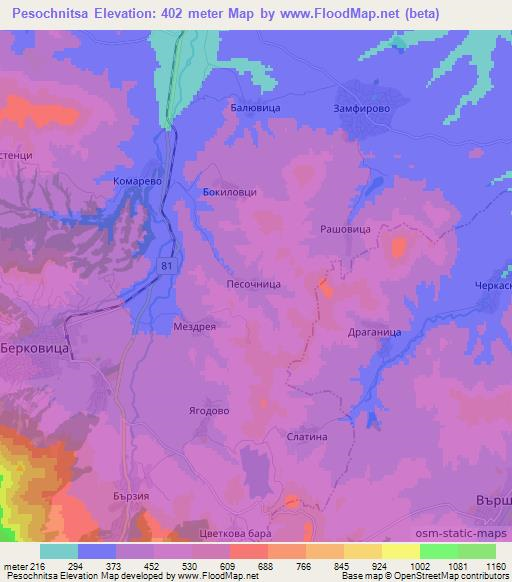 Pesochnitsa,Bulgaria Elevation Map