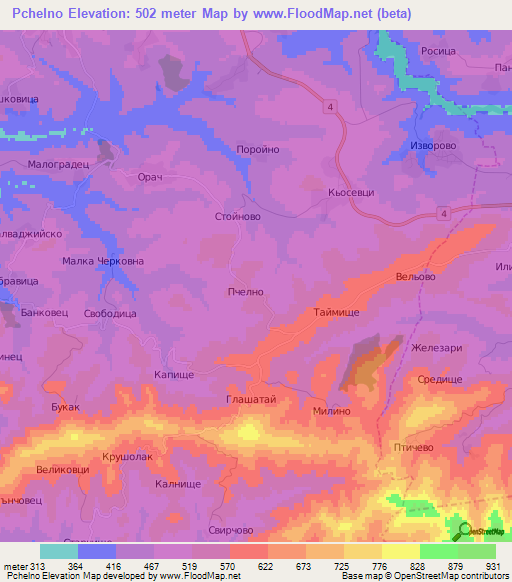 Pchelno,Bulgaria Elevation Map