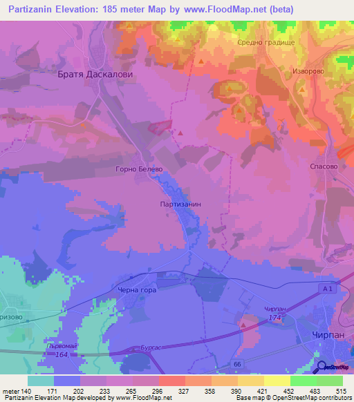 Partizanin,Bulgaria Elevation Map