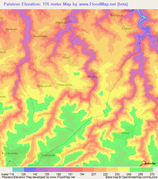Paisievo,Bulgaria Elevation Map