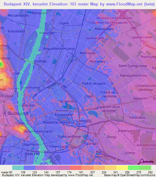 Budapest XIV. keruelet,Hungary Elevation Map