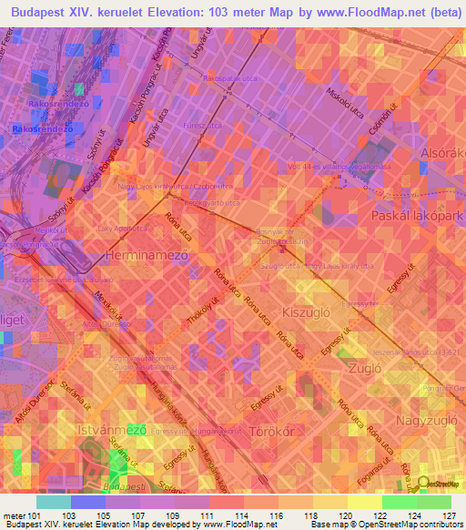 Budapest XIV. keruelet,Hungary Elevation Map