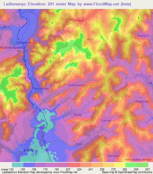 Ladbesenyo,Hungary Elevation Map