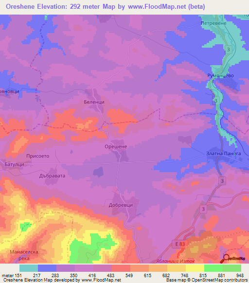 Oreshene,Bulgaria Elevation Map