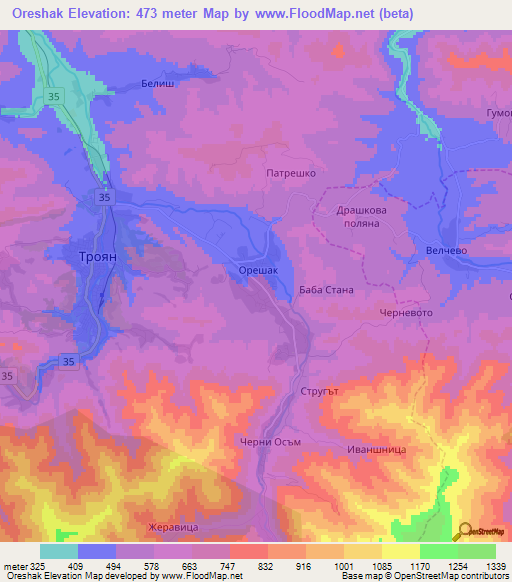 Oreshak,Bulgaria Elevation Map