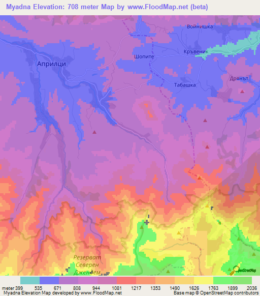 Myadna,Bulgaria Elevation Map