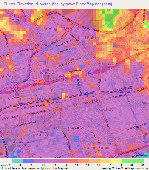 Eunos,Singapore Elevation Map