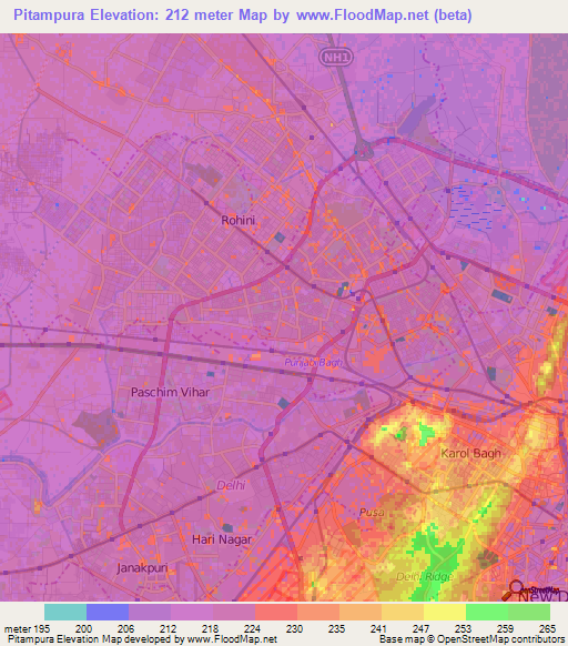 Pitampura,India Elevation Map