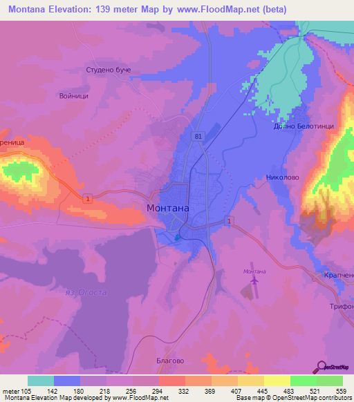 Montana,Bulgaria Elevation Map