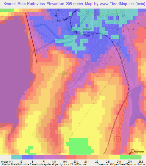 Kvartal Mala Kutlovitsa,Bulgaria Elevation Map