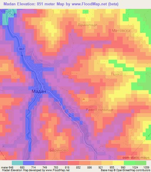 Madan,Bulgaria Elevation Map