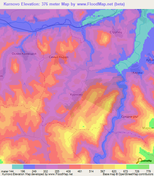Kurnovo,Bulgaria Elevation Map