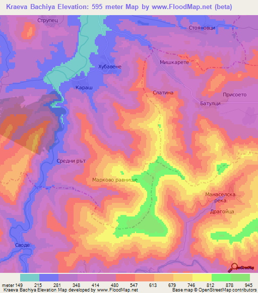 Kraeva Bachiya,Bulgaria Elevation Map