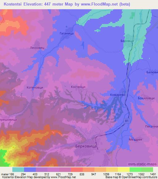 Kostentsi,Bulgaria Elevation Map
