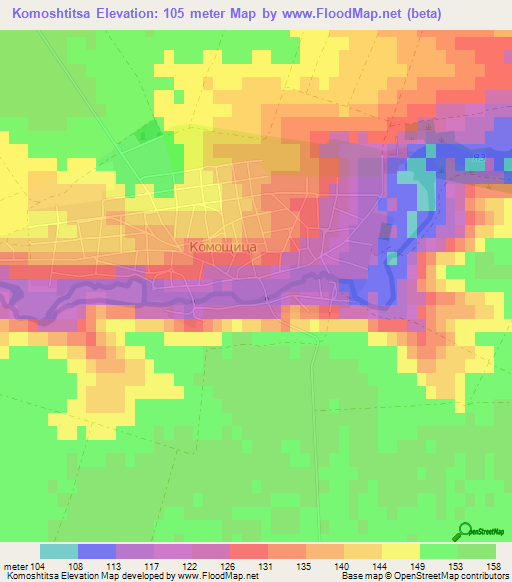 Komoshtitsa,Bulgaria Elevation Map