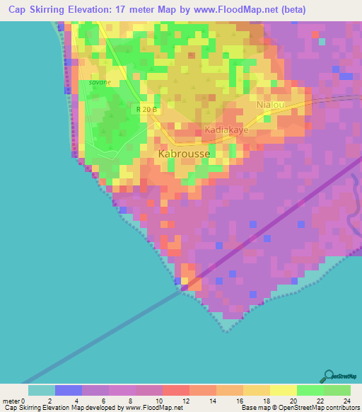 Cap Skirring,Senegal Elevation Map